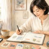 自分の場面や音声と結びつけながら英単語ノートを書く大人の女性