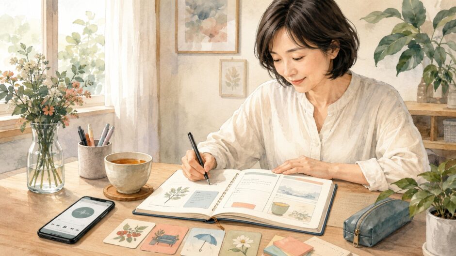 自分の場面や音声と結びつけながら英単語ノートを書く大人の女性