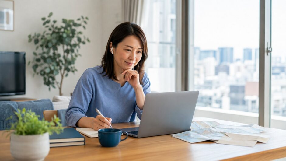 海外の自宅でオンライン英語コーチングを受ける駐在中の日本人女性