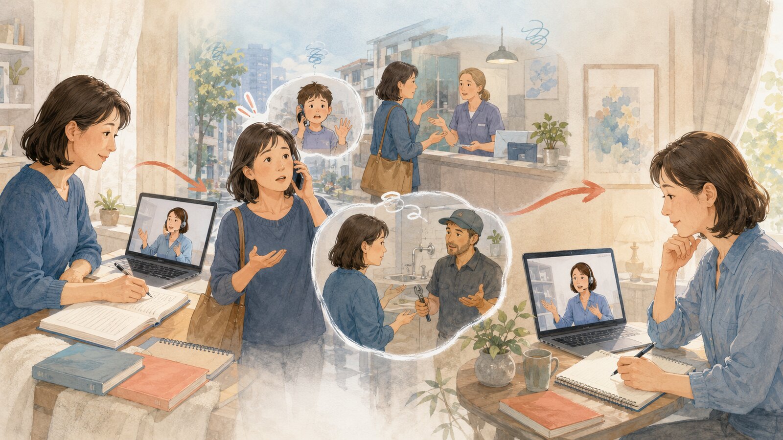 赴任前の英語学習と現地での電話・病院・住居対応、赴任後の学び直しを表したイラスト