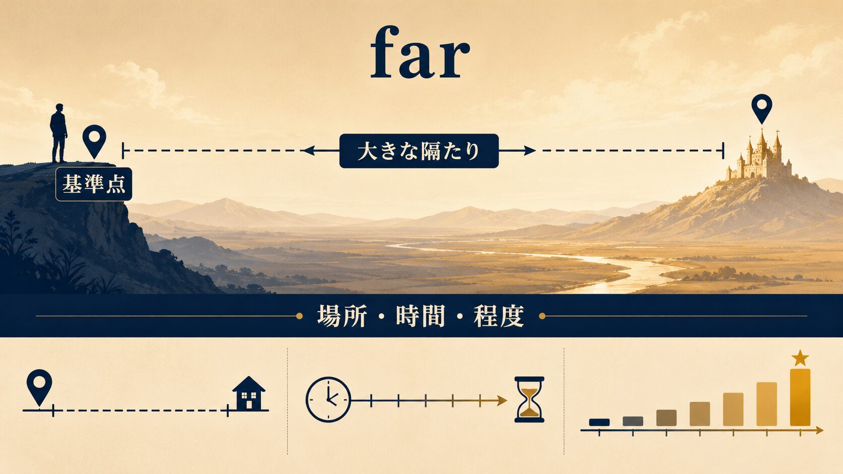 farが場所・時間・程度の大きな隔たりを表すことを示す図解