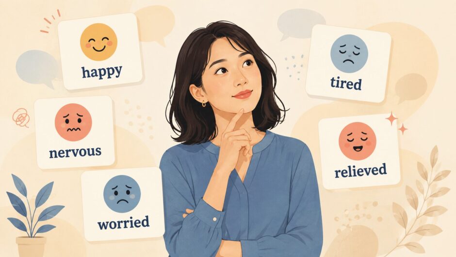 happy・nervous・tired・worried・relievedなど気持ちを表す英語の形容詞