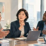 外資系企業の英語会議で発言の機会をうかがう日本人ビジネスパーソン
