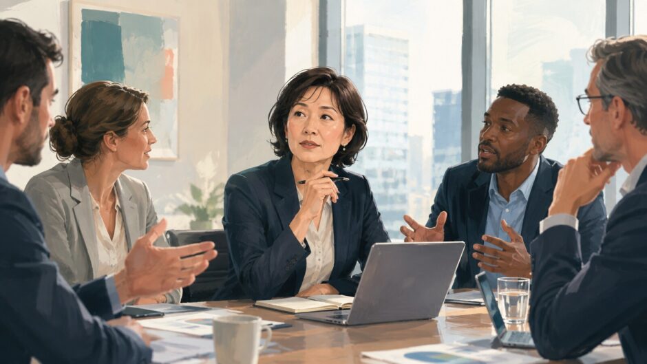 外資系企業の英語会議で発言の機会をうかがう日本人ビジネスパーソン