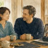 日本語で暮らす外国人の夫と日本人女性が海外の家族との英語のビデオ通話を前にする様子