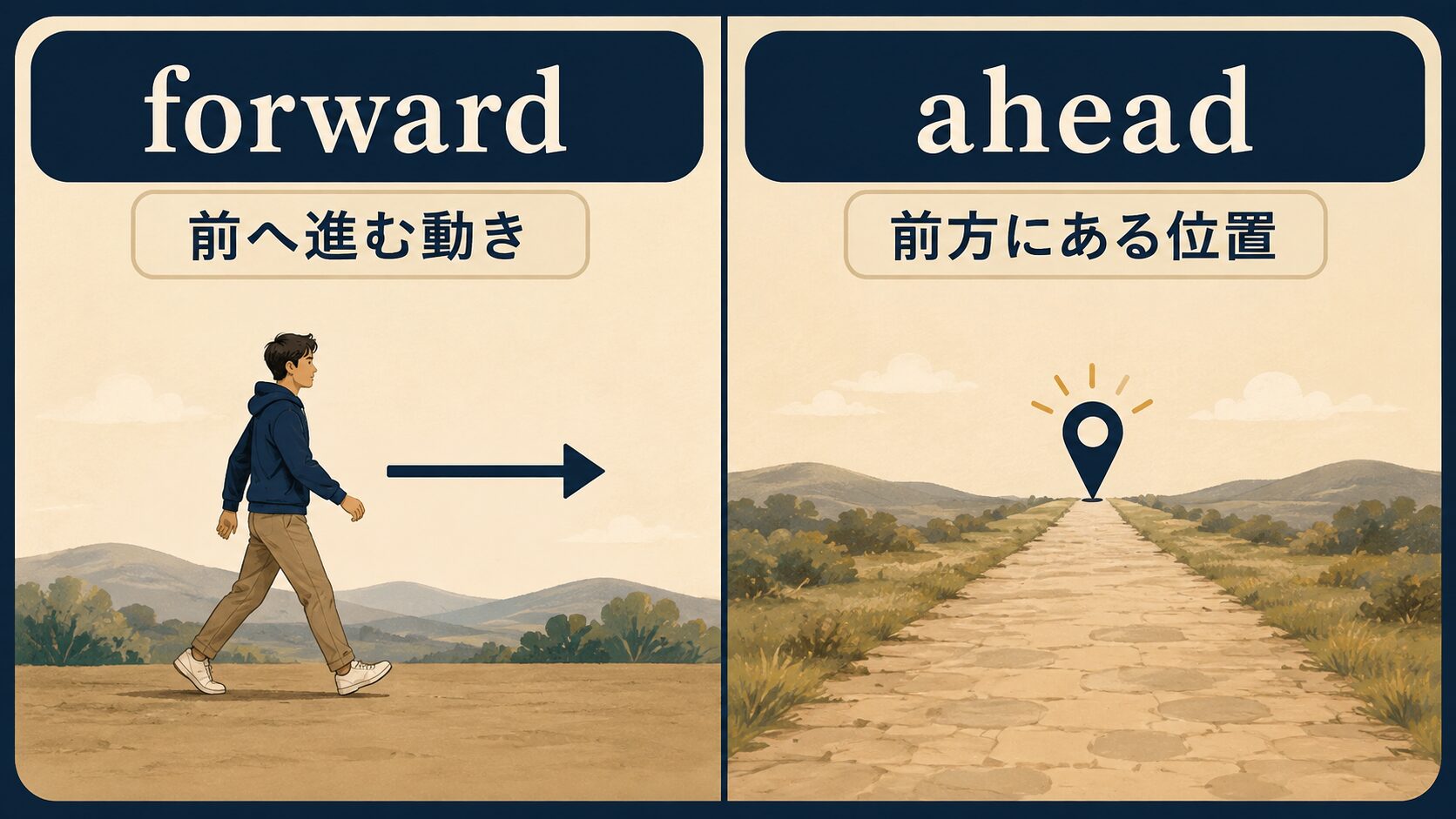forwardは前へ進む動き、aheadは前方にある位置を表す比較図解