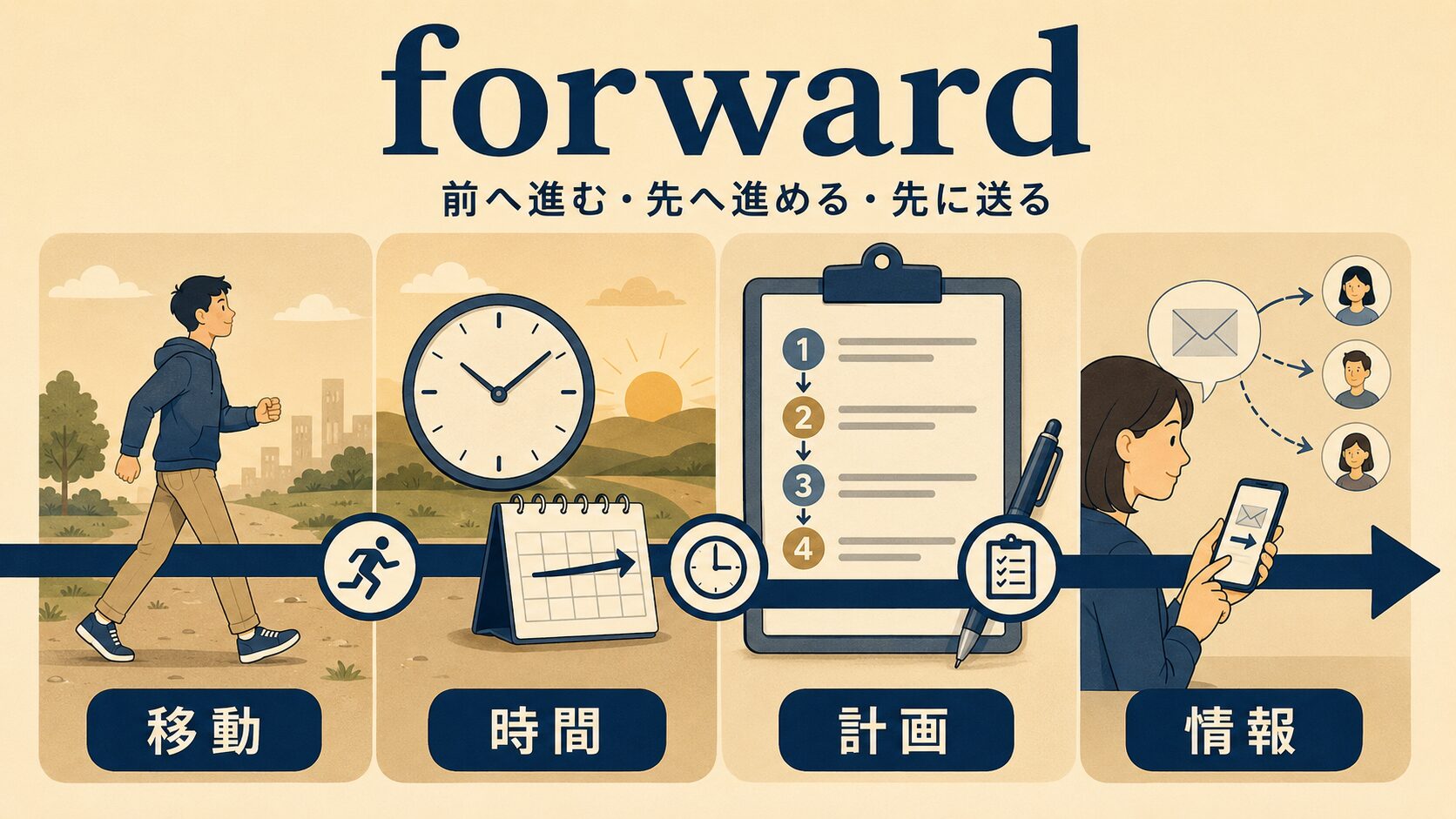 forwardが移動・時間・計画・情報を前へ進めることを示す図解