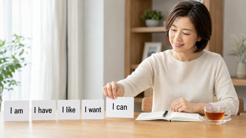 I am・I have・I like・I want・I canのカードで英会話を組み立てる大人の女性