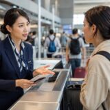 国際空港のチェックインカウンターで外国人旅行者に英語で対応するグランドスタッフ