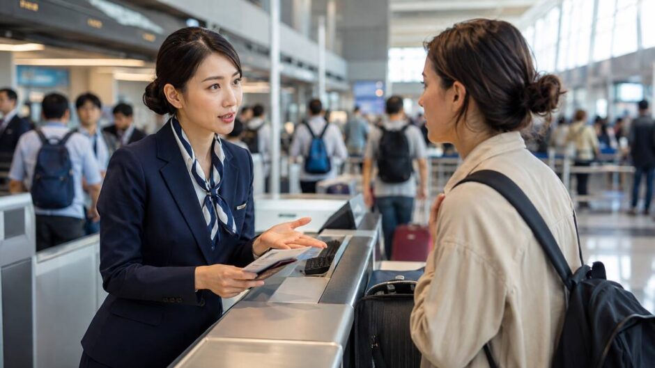 国際空港のチェックインカウンターで外国人旅行者に英語で対応するグランドスタッフ