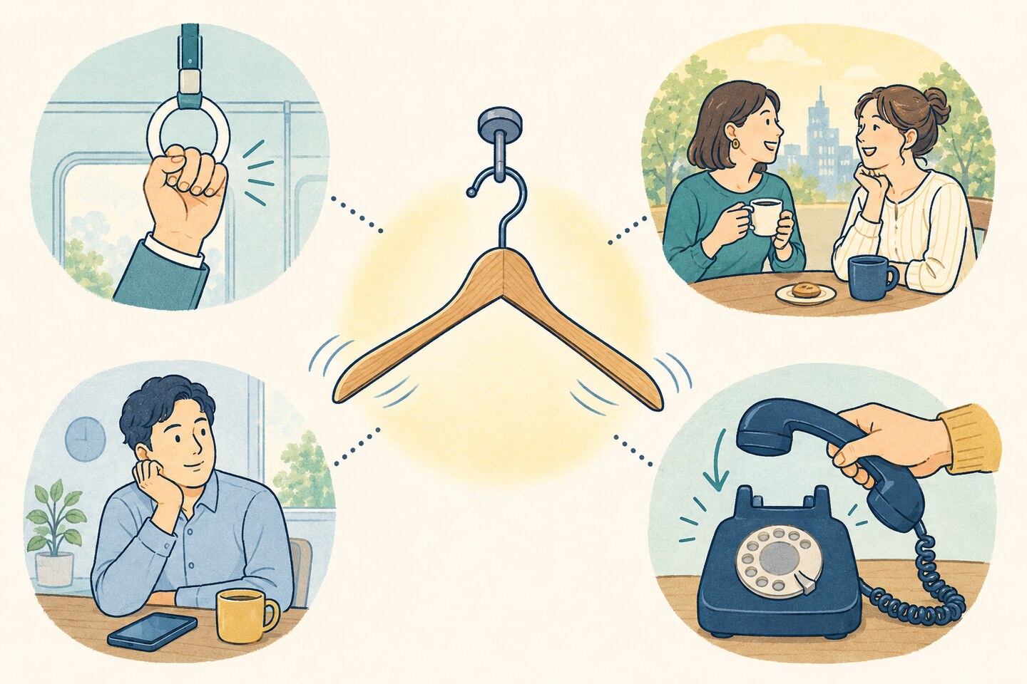 hang on・hang out・hang around・hang upへ広がるコアイメージ