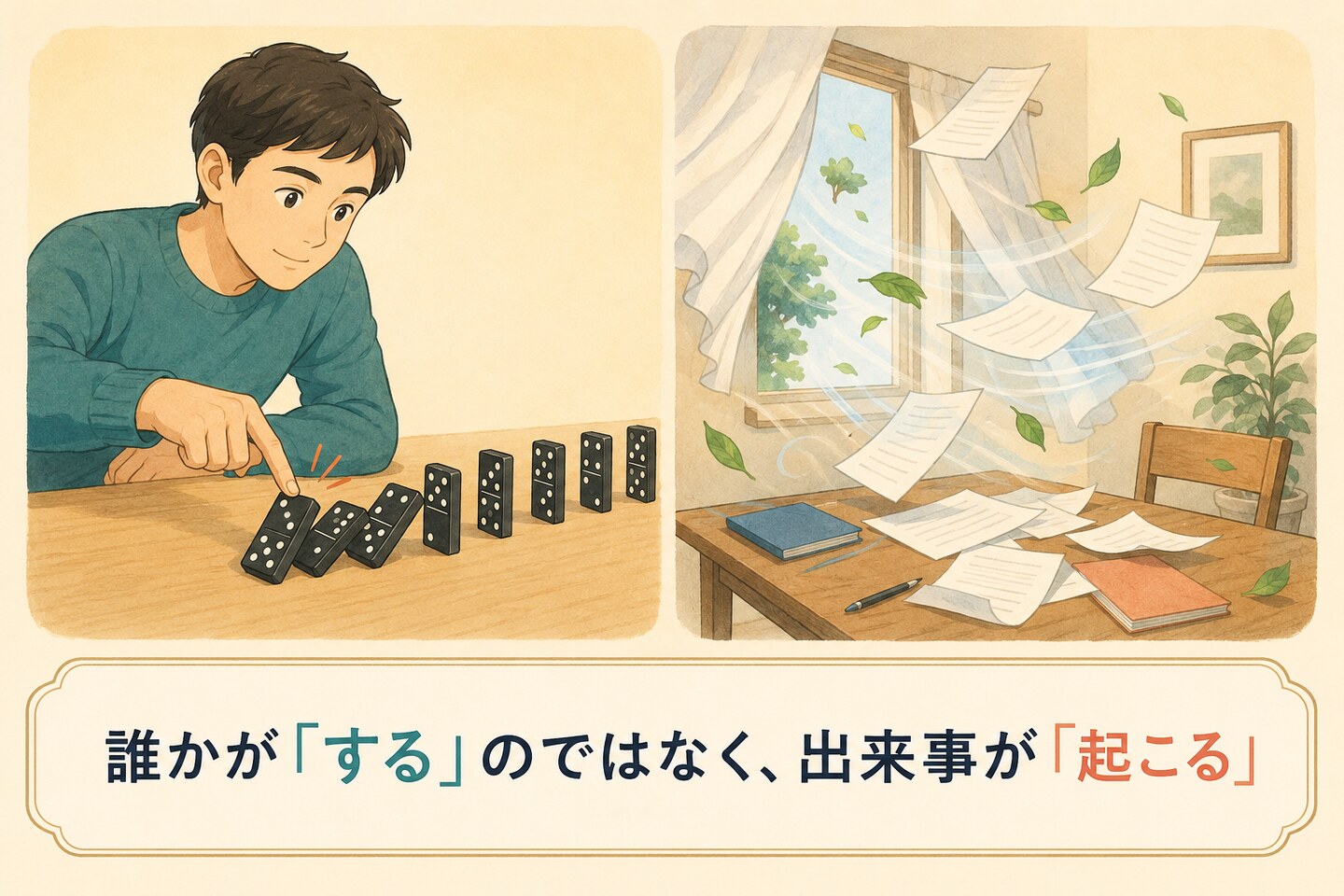 happenのコアイメージ|誰かがするのではなく出来事が起こる