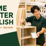ホームセンターで外国人客と家具の寸法を確認するスタッフ