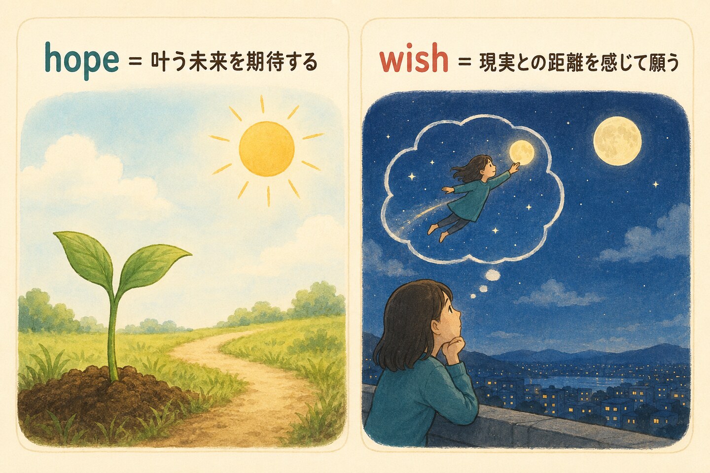 hopeとwishのコアイメージ。hopeは叶う未来を期待し、wishは現実との距離を感じながら願う