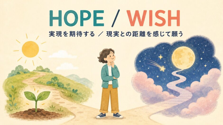 hopeとwishのコアイメージ。実現を期待するhopeと現実との距離を感じて願うwish