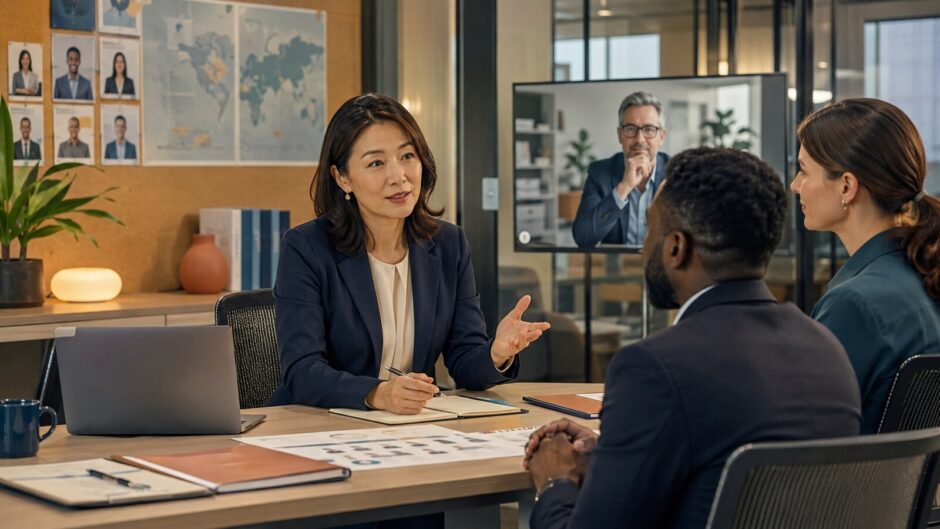 外国人候補者や海外人事と英語で対話する日本人の人事担当者