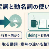 不定詞と動名詞の使い分けをto doは行為へ向かう、doingは行為を対象にすると示した図