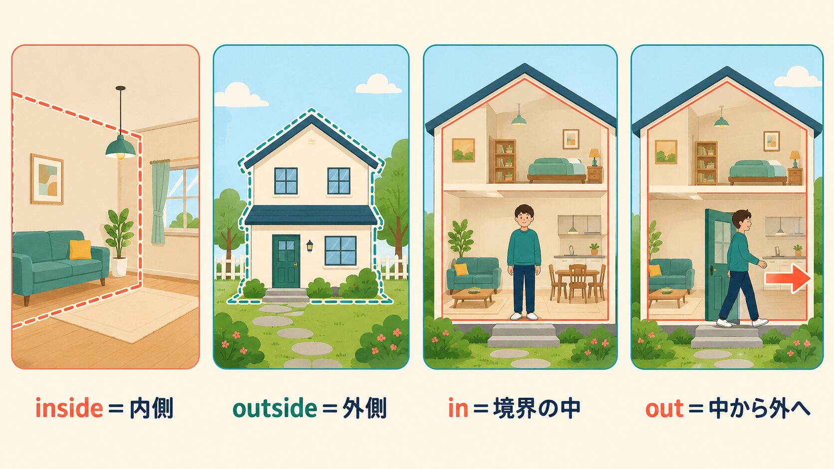 inside・outside・in・outの位置と動きの違いを示す図解