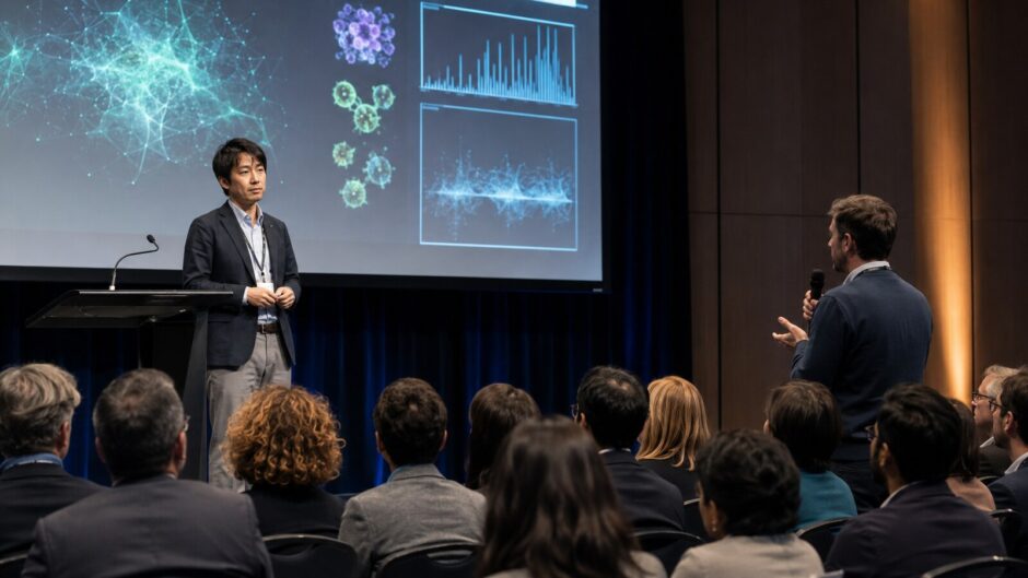 国際学会で海外の研究者から質問を受ける日本人研究者