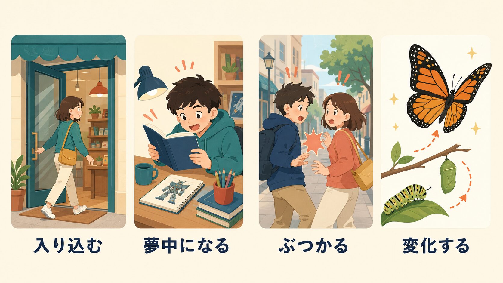 intoの入り込む・夢中になる・ぶつかる・変化するを示す図解