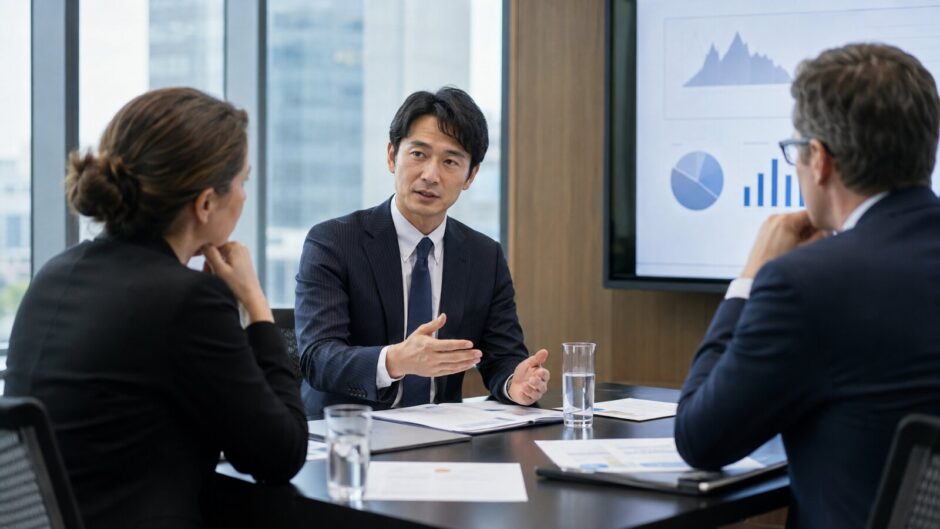 海外機関投資家へ業績と今後の見通しを英語で説明するIR担当者