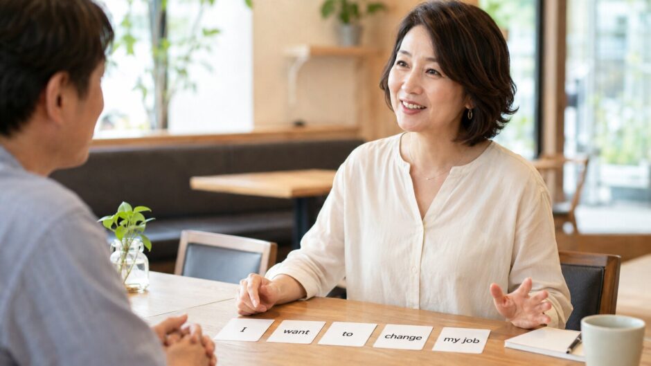 中学レベルの英単語カードを使ってカフェで会話する大人の女性