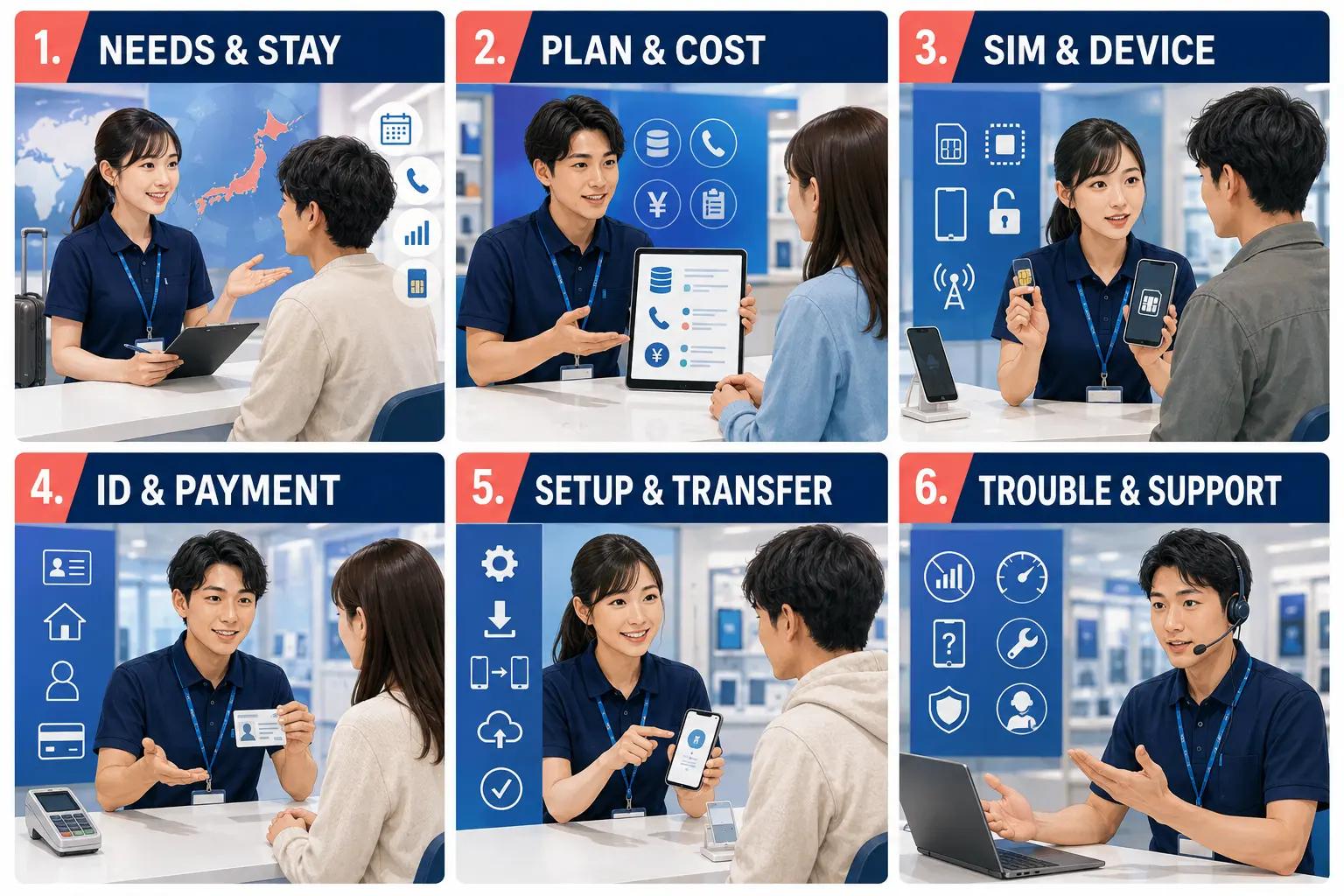 携帯電話ショップスタッフの英語対応で必要な6つの場面