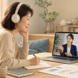 自宅でオンライン英語コーチングを受けながら学習計画を確認する大人の女性