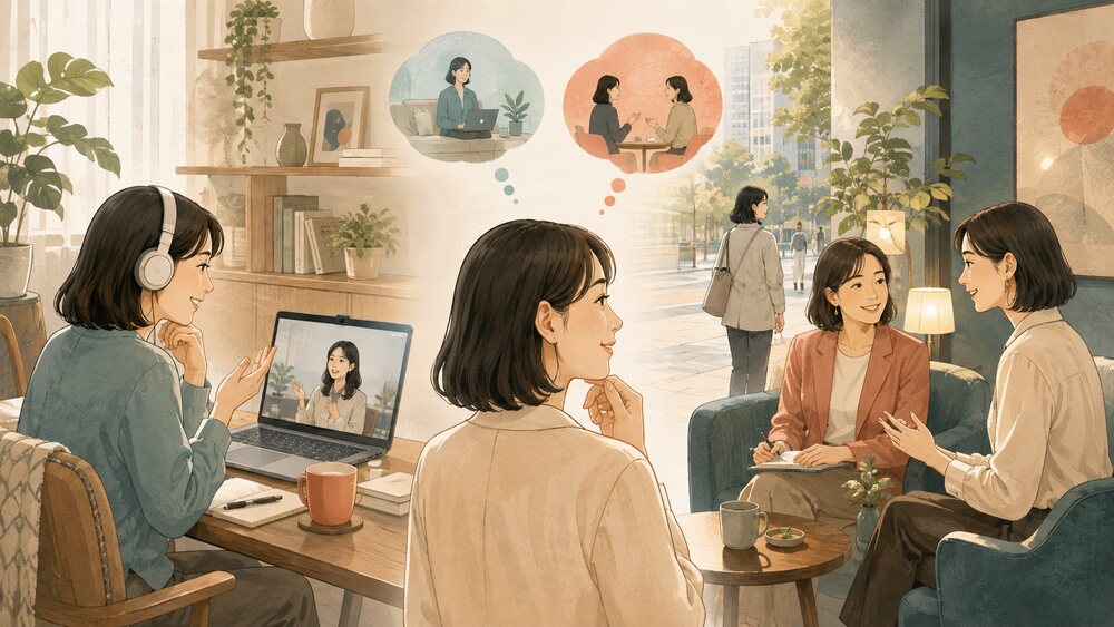 オンライン型と通学型の英語コーチングを比較する女性