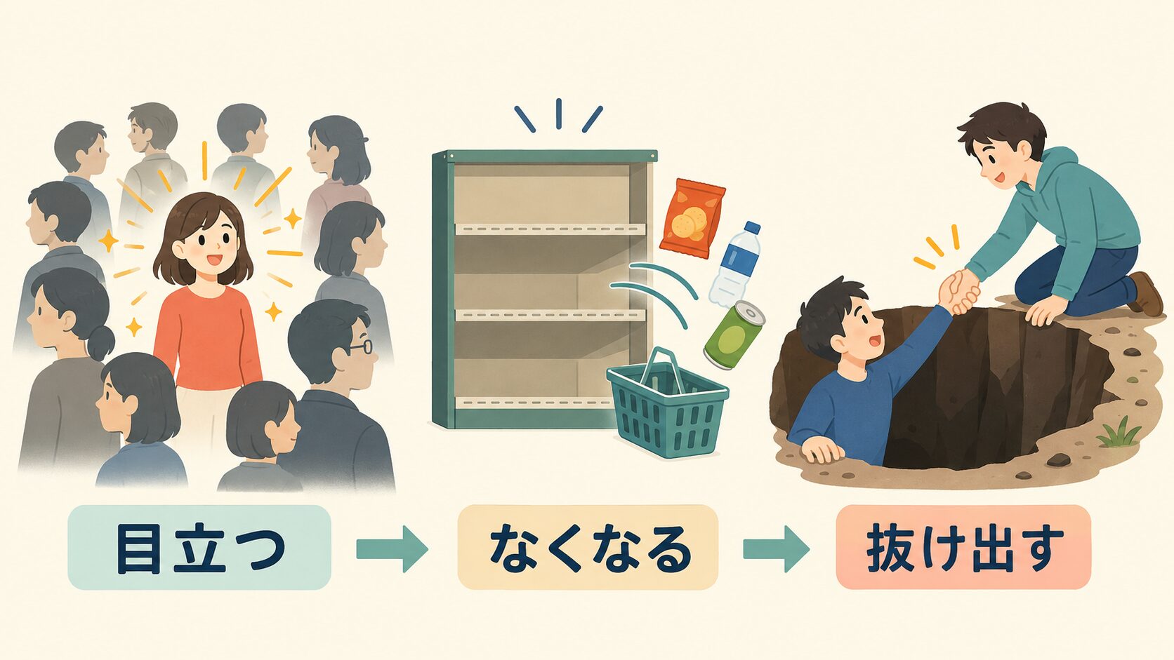 outのコアイメージから目立つ・なくなる・抜け出すへ広がる図解