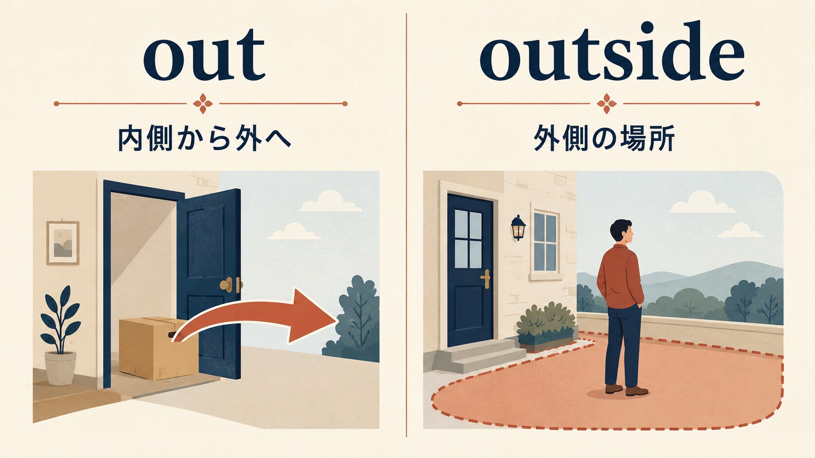 outの内側から外への動きとoutsideの外側の場所を比較した図