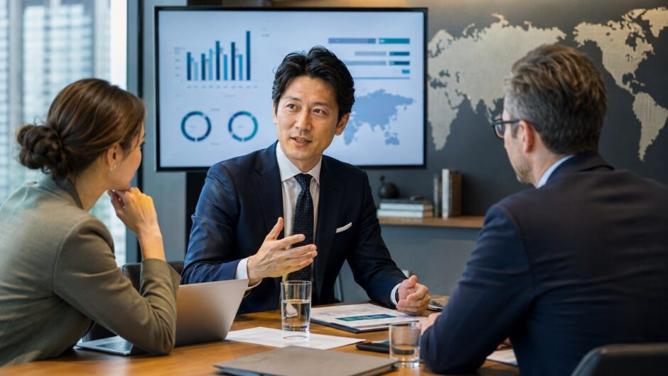 海外顧客との商談で提案する日本人の海外営業担当者