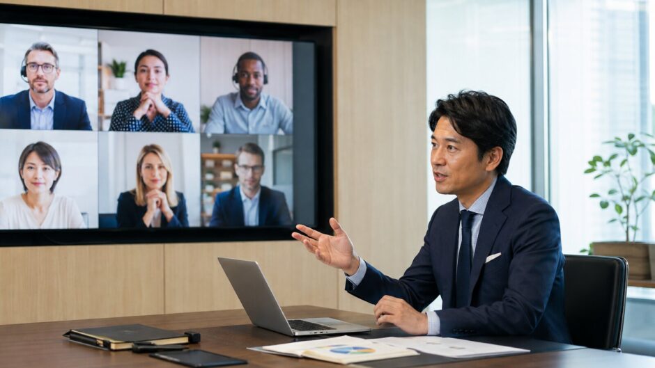 海外子会社の責任者と英語でオンライン会議を行う本社担当者