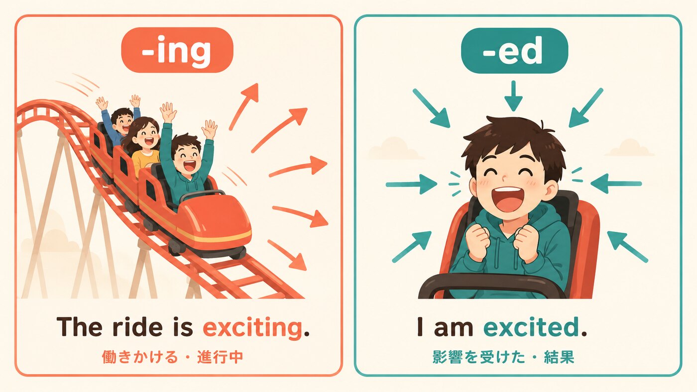 -ingは働きかける側、-edは影響を受けた側を見る