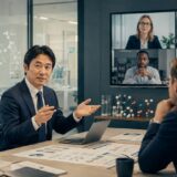 海外本社との会議で説明する製薬会社の日本人社員