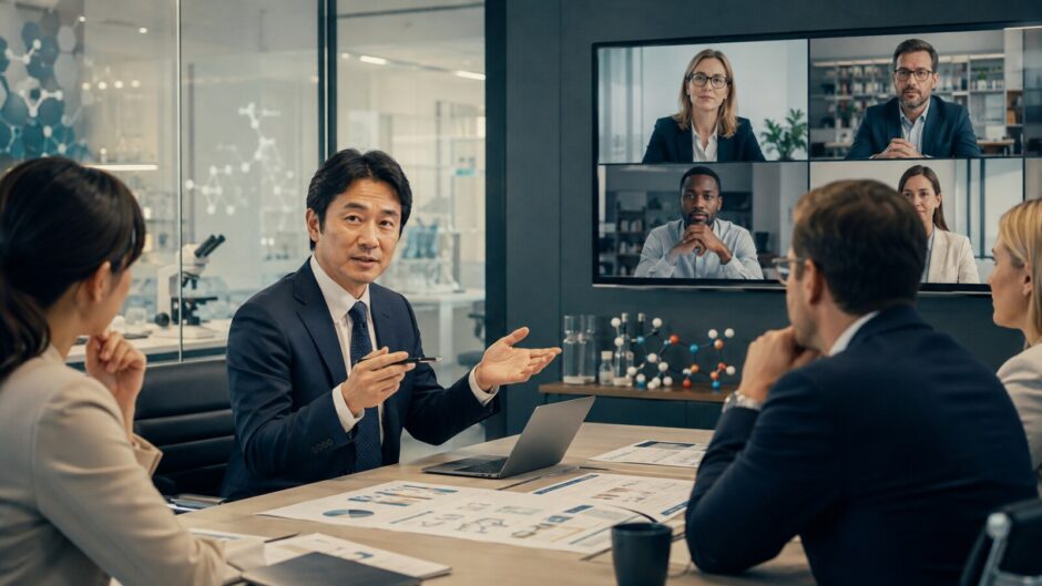海外本社との会議で説明する製薬会社の日本人社員