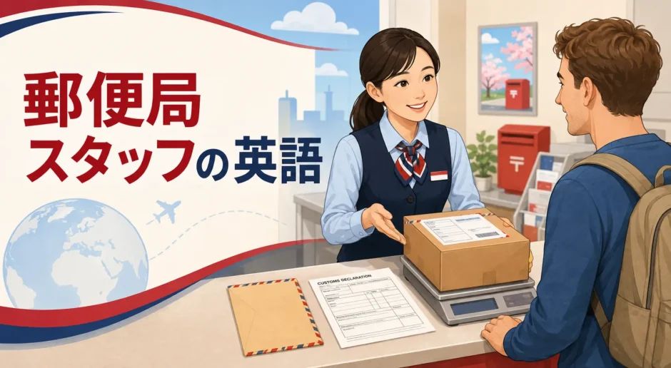外国人客の国際郵便発送を英語で案内する郵便局スタッフ