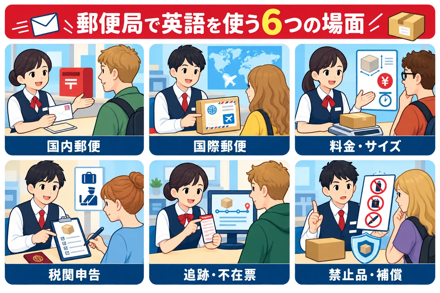 国内郵便、国際郵便、料金、税関申告、追跡、禁止品の6場面