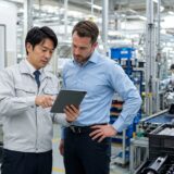 製造現場で海外担当者と生産計画や進捗を英語で確認する生産管理担当者
