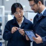 製造現場で製品の不具合と検査結果を海外担当者に英語で説明する品質管理担当者