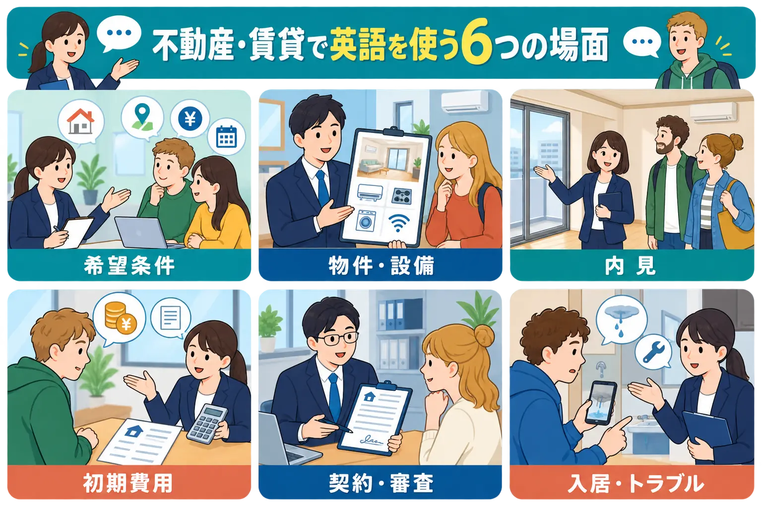 希望条件、物件設備、内見、初期費用、契約審査、入居トラブルの6場面