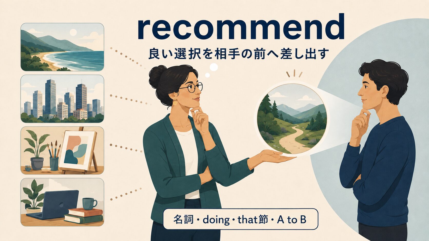 recommendの意味と使い方｜良い選択を相手の前へ差し出す・名詞・doing・that節・A to B