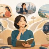 おすすめの英語学習方法を目的や課題に合わせて選ぶ大人の女性のイラスト