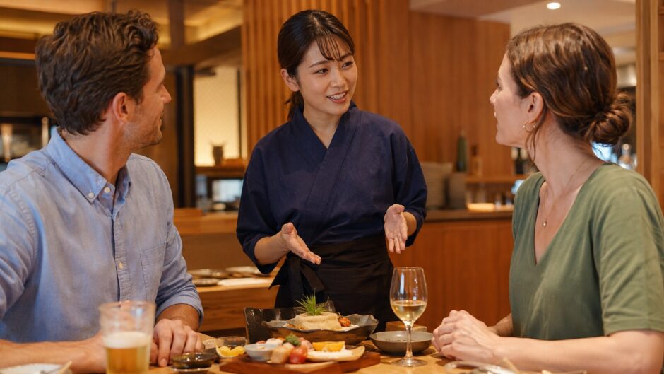 外国人客に英語で料理を説明する日本人飲食店スタッフ