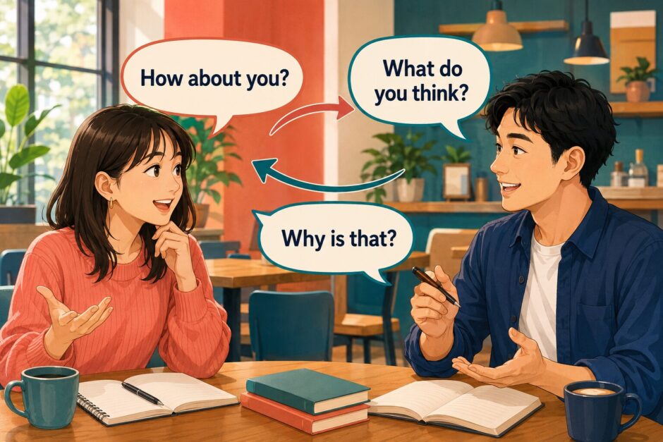 How about you What do you think Why is thatで英会話を往復させるイラスト