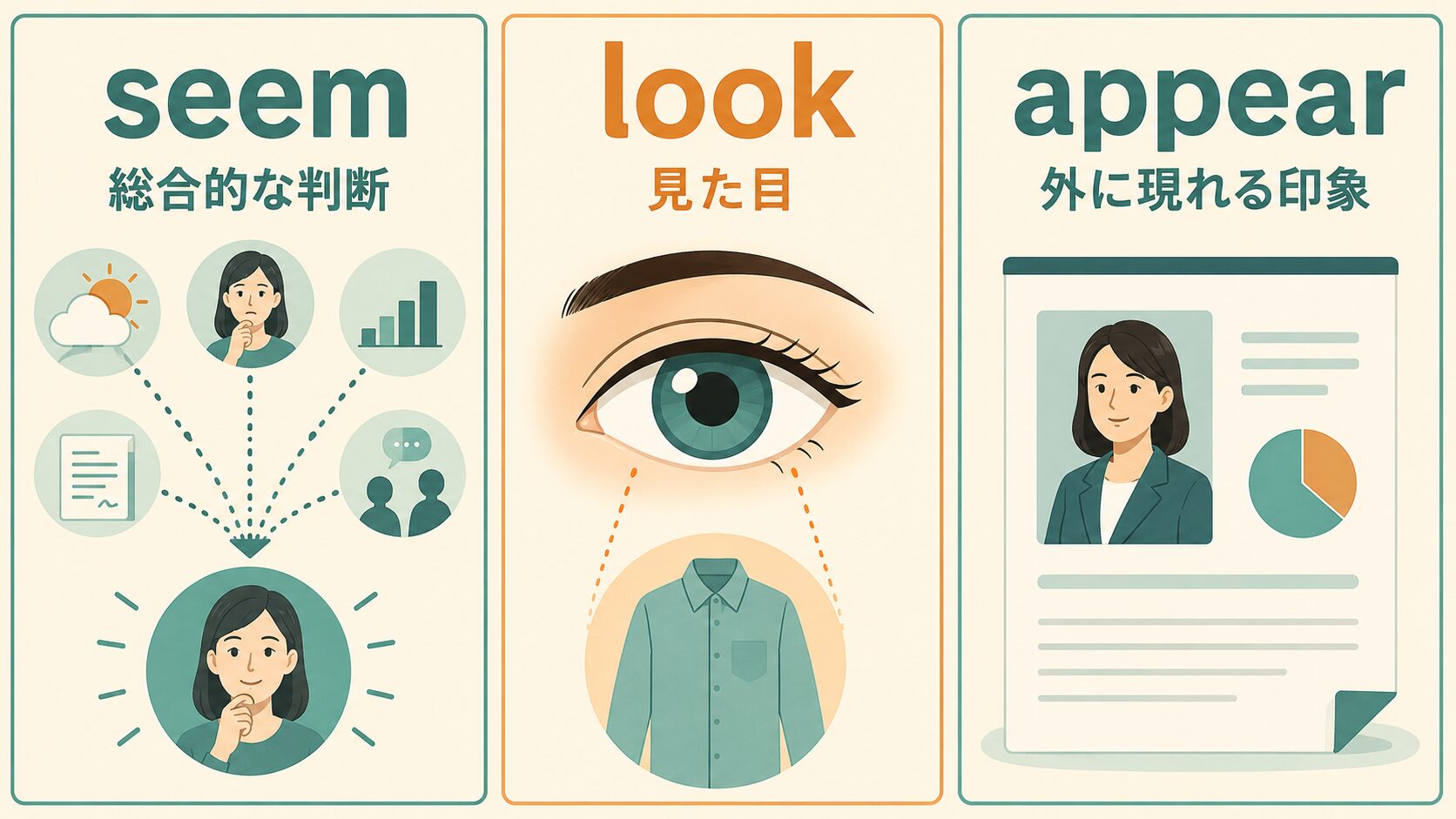 seemは総合判断、lookは視覚、appearは外から現れる印象を表す違いの図解