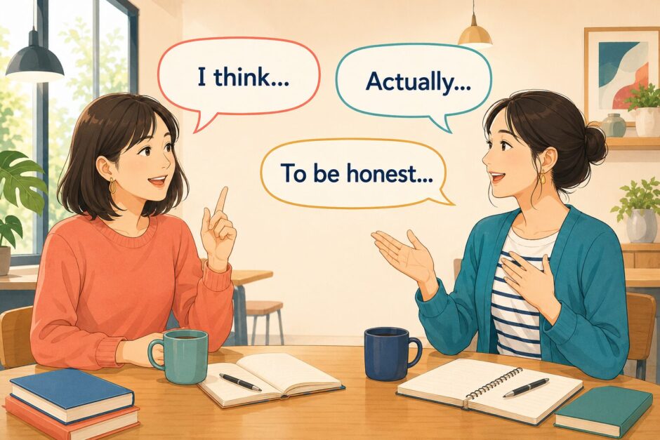 英会話で使える文の始め方 I think Actually To be honest の会話イラスト