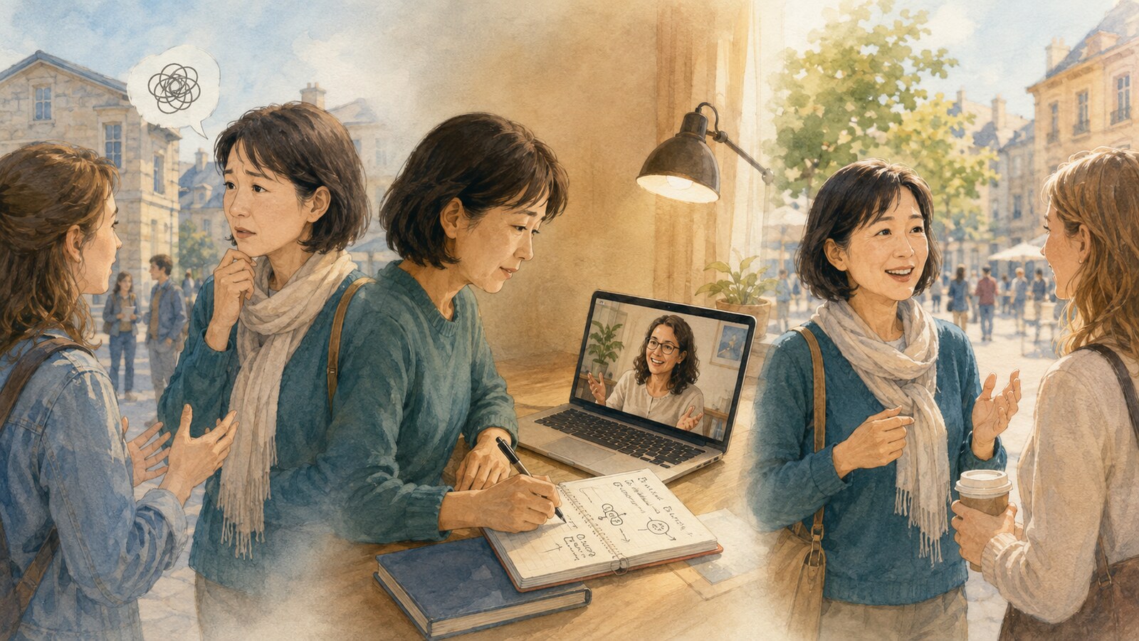 留学中に止まった英会話を記録し、オンラインで練習して現地で再挑戦する大人の学習者