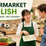 スーパーで外国人客に商品売場を英語で案内するスタッフ