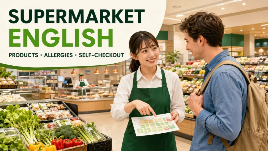 スーパーで外国人客に商品売場を英語で案内するスタッフ